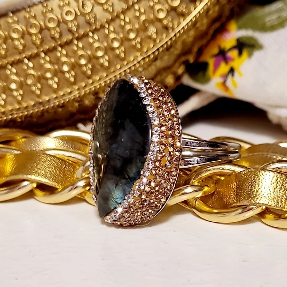 Natural Labradorite & Pave set Hematite Large Silver Ring